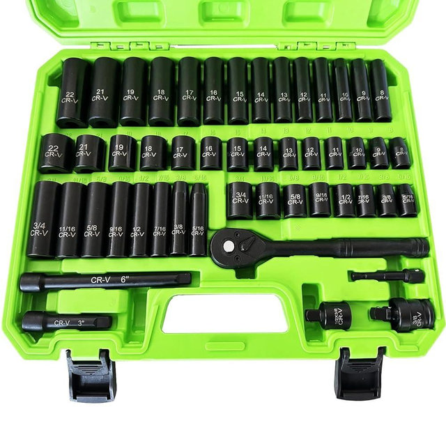 3/8" Drive Socket Set 50-Piece, SAE (5/16" - 3/4") & Metric (8mm - 22mm), Deep & Shallow Impact Socket Set with Case, 6 Points, Premium CR-V, Extension Bars, Universal Joint & Power Drill Adapter