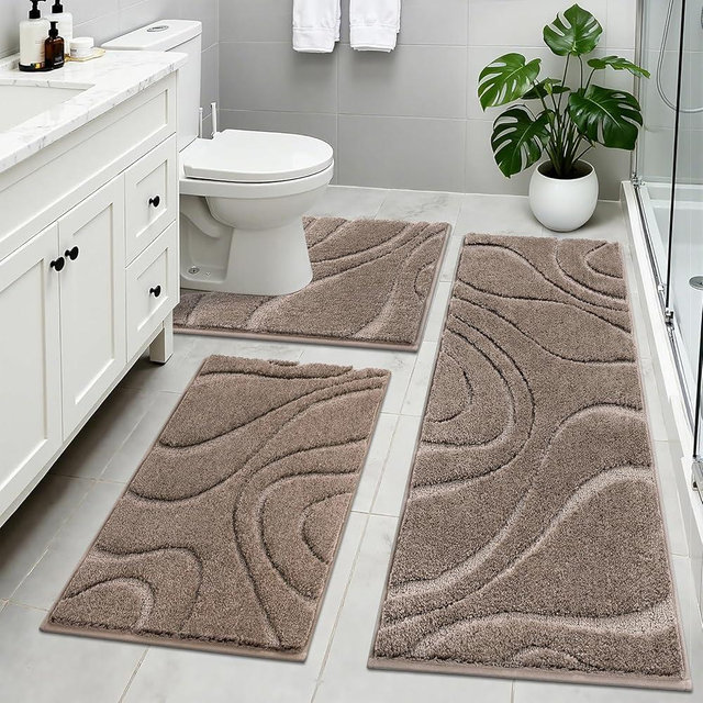 HEBE Microfiber Bathroom Rugs Sets 3 Piece,Super Absorbent Non Slip Bath Mats Rugs for Bathroom,Washable Bath Mat and U-Shaped Contour Toilet Rug Set for Tub Shower Bath Carpet