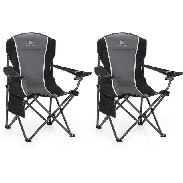 ALPHA CAMP Oversized Camping Folding Chair - Heavy Duty Steel Frame Support 350 LBS, Collapsible Padded Arm With Cup Holder, Quad Lumbar Back, Portable for Outdoor/Indoor
