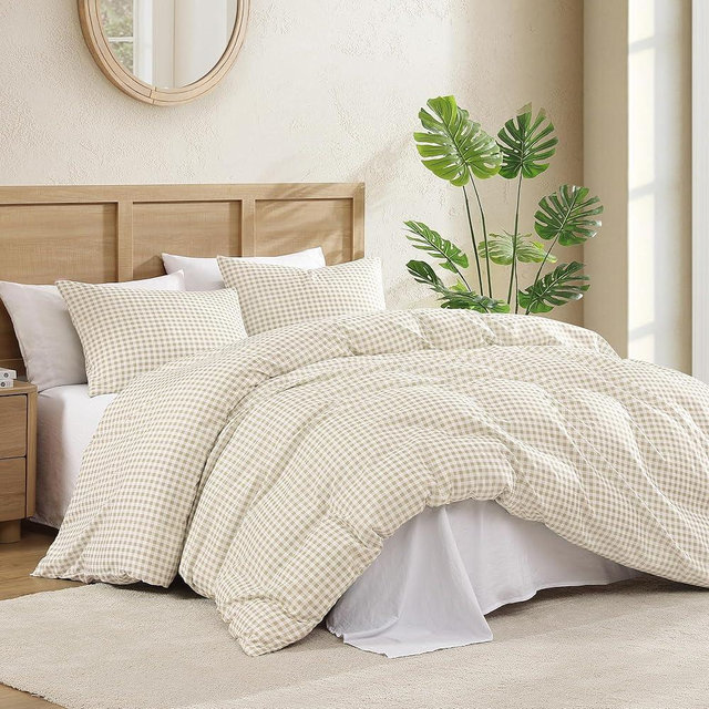 Andency Gingham Duvet Cover King Size, Cream Beige Checkered Plaid Bedding Set, 3 Pieces Soft Prewashed Polyester Comforter Cover with Zipper Closure & Corner Ties
