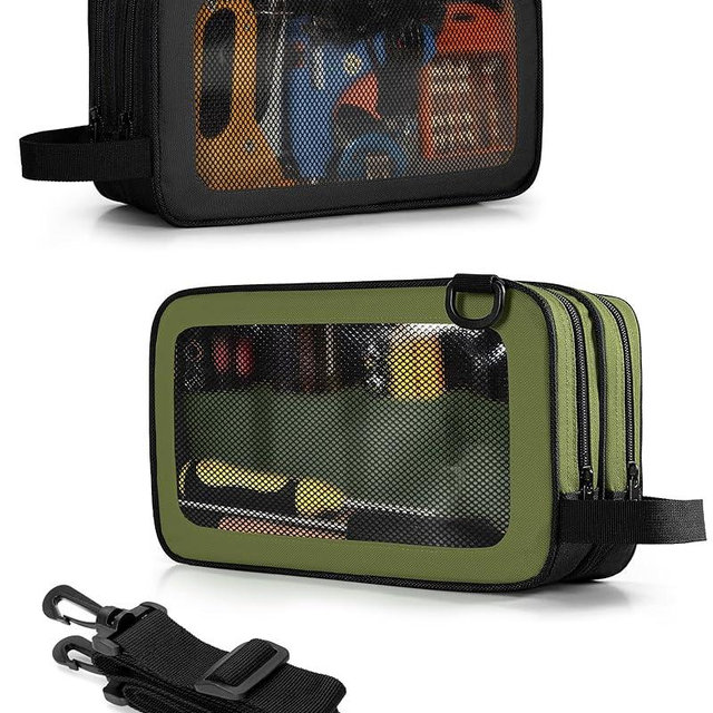Marscamd 2 Pack Tool Pouch with Dual Compartments, 12” Tool Bag with Detachable Shoulder Strap, Carry Handle and Translucent Window, Black/Green