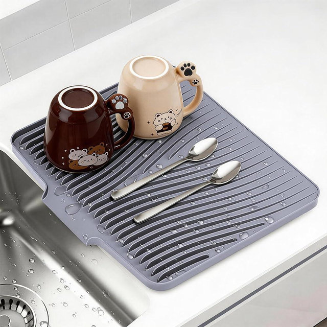 Silicone Dish Drying Mat for Kitchen Counter,Dish Drying Pad,Non-Slip Drain Pad with Built-in Drain,Heat Resistant Stone Drying Mat,19.7" x 17",Gray