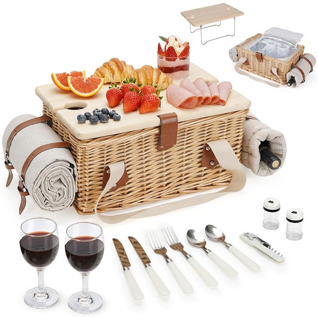 HappyPicnic Picnic Basket for 2, Handmade Wicker Picnic Set with Folding Table and Waterproof Blanket, Large Insulated Picnic Basket with Wine Bag & Cutlery Kit for Picnic, Camping, Holidays (Flower)