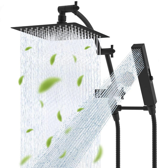 Hibbent All Metal CUPC Certified 8'' Rainfall Shower Head, Dual Shower Head Combo, High Pressure Handheld 4 Sprays Shower Wand, 16'' Adjustable Extension Arm, 71'' Hose, Shower Holder, Matte Black