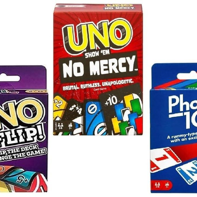 Mattel Uno No Mercy, Flip and Phase 10 Card Game, Combo Pack of 3