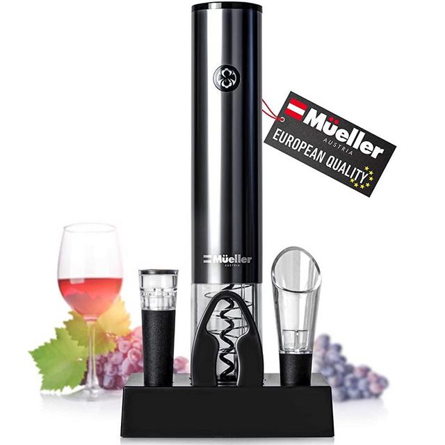Mueller Electric Wine Opener Set - Rechargeable Batteries and USB Charging Cable - Electric Corkscrew Opener with Foil Cutter, Wine Pourer, Vacuum Stopper - Stainless Steel (Batteries Included)