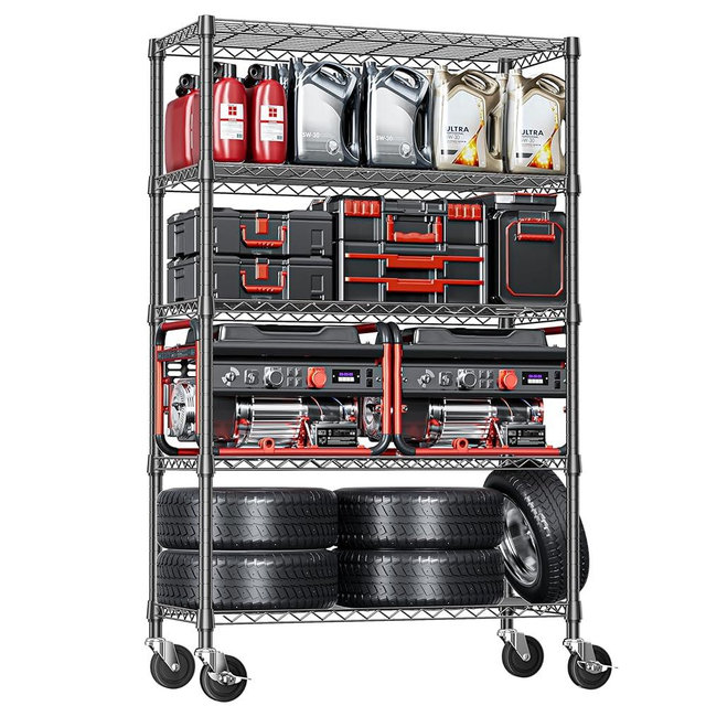 IZEUK 5-Tier Storage Shelving Unit with Wheels, Adjustable Heavy Duty Steel Wire Rack Organizer (Black, 17.7" D x 47.2" W x 76.7" H, 1750 lbs Capacity) for Garage, Kitchen, Office, Laundry, Basement