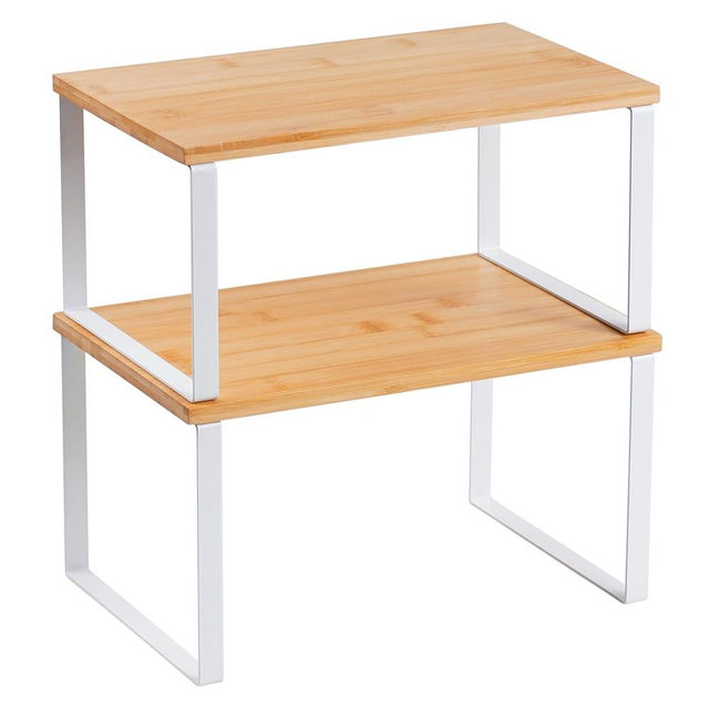 Kitchen Cabinet Organizer Shelf, Set of 2 Stackable Counter Shelves, Small Wood Cabinet Riser Shelf for Pantry Cupboard Spice Dish Mug Cup, Expandable, Metal Engineered Wood (Beige & White, 11.7''W)