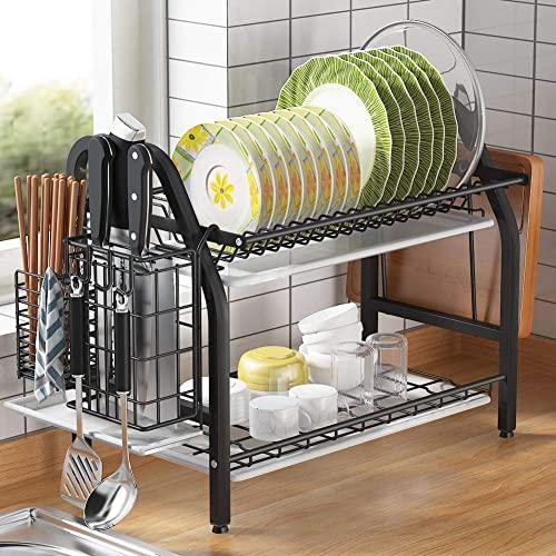 Dish Drying Rack, 1Easylife 2 Tier Dish Rack Stainless Steel with Utensil Knife Holder and Cutting Board Holder Dish Drainer with Removable Drain Board for Kitchen Counter Organizer Storage Black