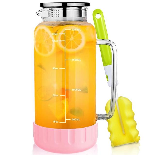 Aofmee 68oz Glass Pitcher with Lid, 2 Liter Water Carafe with Silicone Base and Precise Scale Line, Ice Tea Pitcher for Fridge, Anti-Slip Glass Jug for Sun Tea Juice Coffee Milk Beverage (Pink)