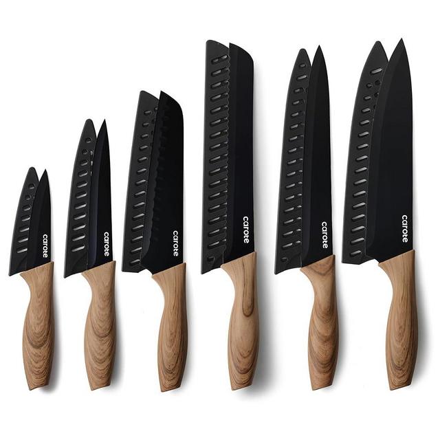 CAROTE 12PCS Knife Set, Kitchen Knife Set with Safe Guards, Stainless Steel Knife Set with Ceramic Coating, Rustproof, Black