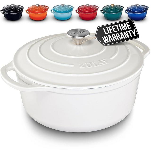 Zulay Kitchen 6 Quart Enameled Cast Iron Dutch Oven with Lid – Premium Durability & Oven Safe up to 500°F – Heavy Duty Cookware Perfect for Bread Baking, Stews, Braising & Roasting – Pearl White