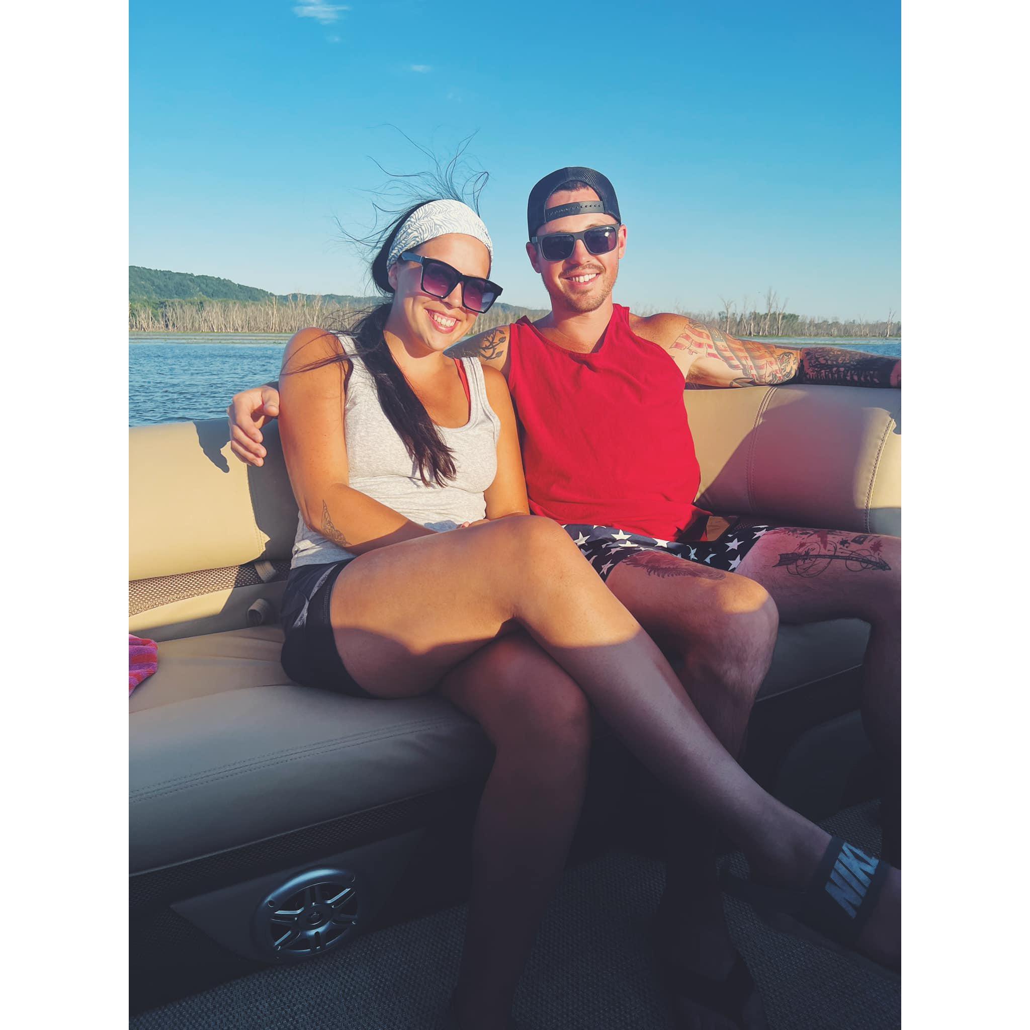 On the pontoon with our "signature" drink- a bloody mary with lots of pickle juice. Yum!