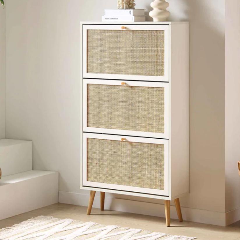 Frances Rattan 3 Tier Shoe Cabinet, White
