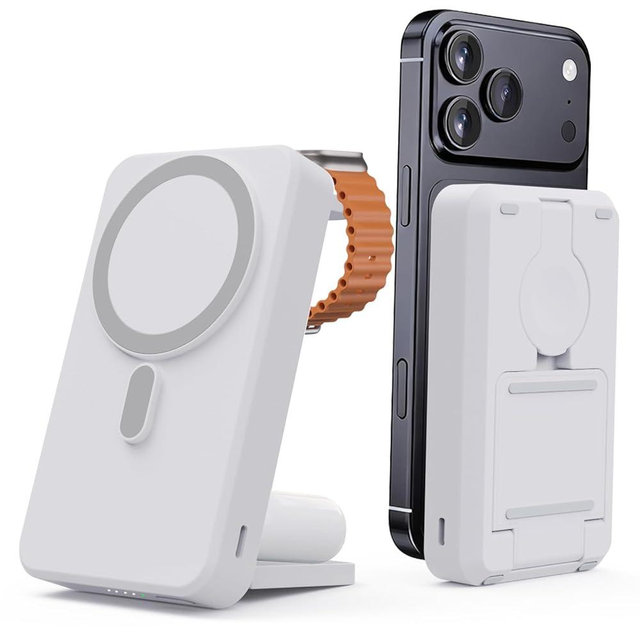 Kysson 3-in-1 Portable Charger, 10000mAh Foldable Power Bank Fast Charging,MagSafe Charger Battery Pack Magnetic,Travel Wireless Charging Station for iPhone 17/16/15/14/13/12,iWatch, Air pods, White