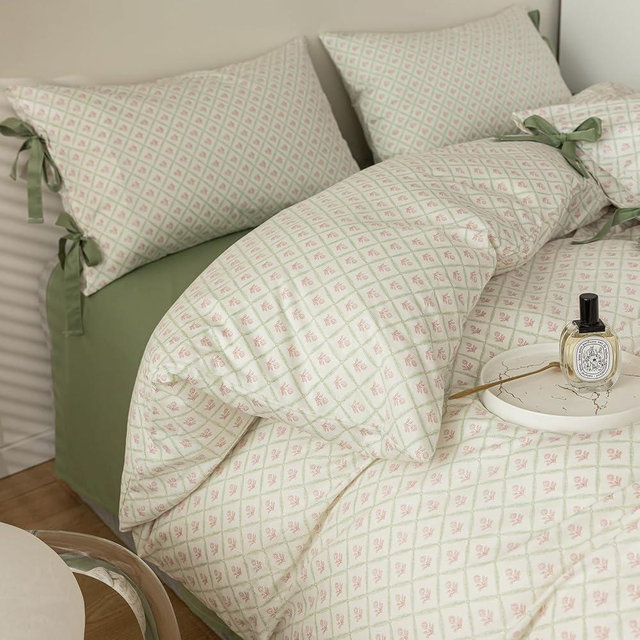 mixinni Red Floral Duvet Cover Set Queen Size - 100% Cotton Green Grid Bedding with Bow Ties, 3PC Cottagecore Comforter Cover (1 Duvet Cover + 2 Pillowcases) Vintage Garden Style Soft Aesthetic