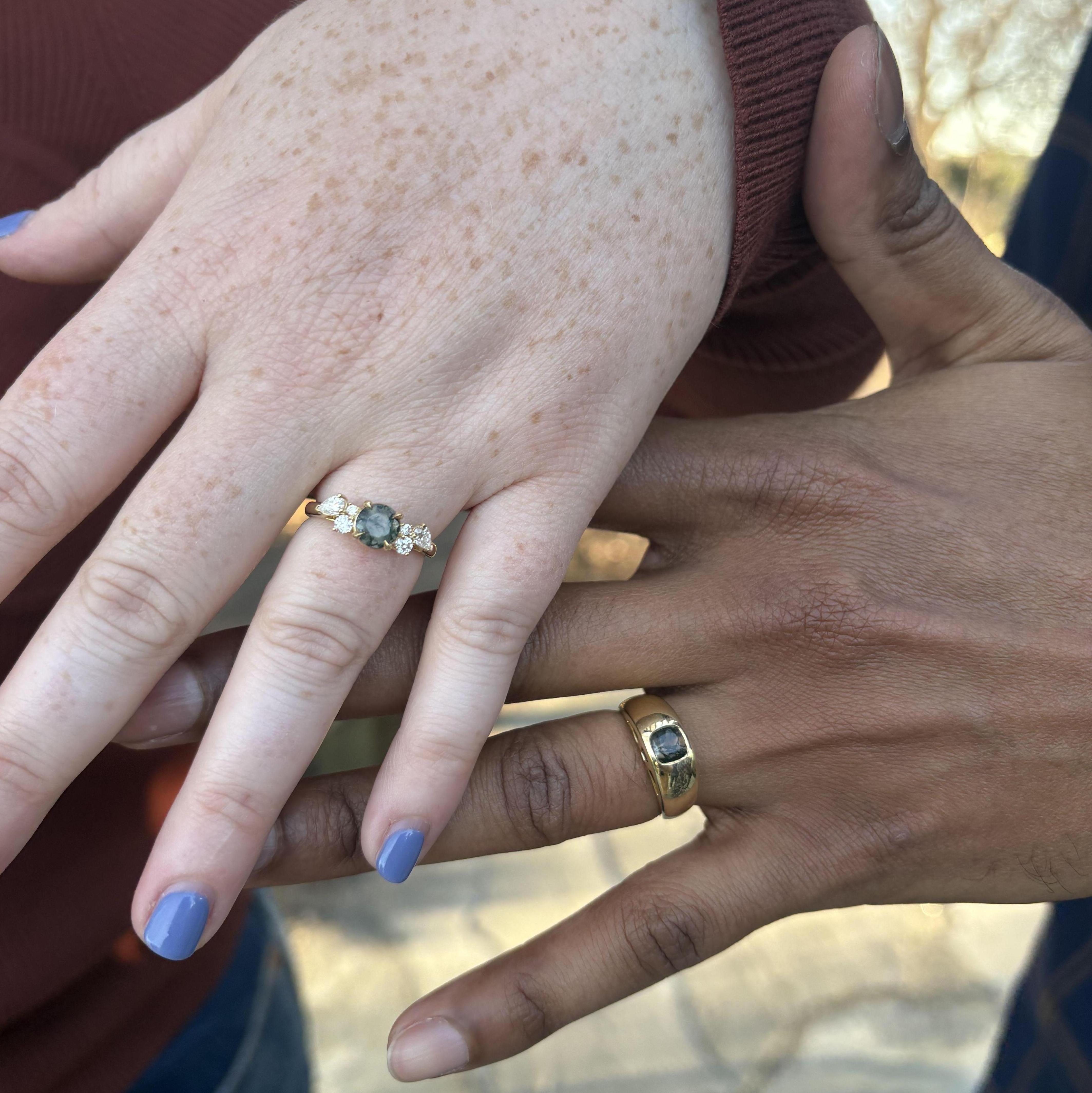 Matching moss agate engagement rings