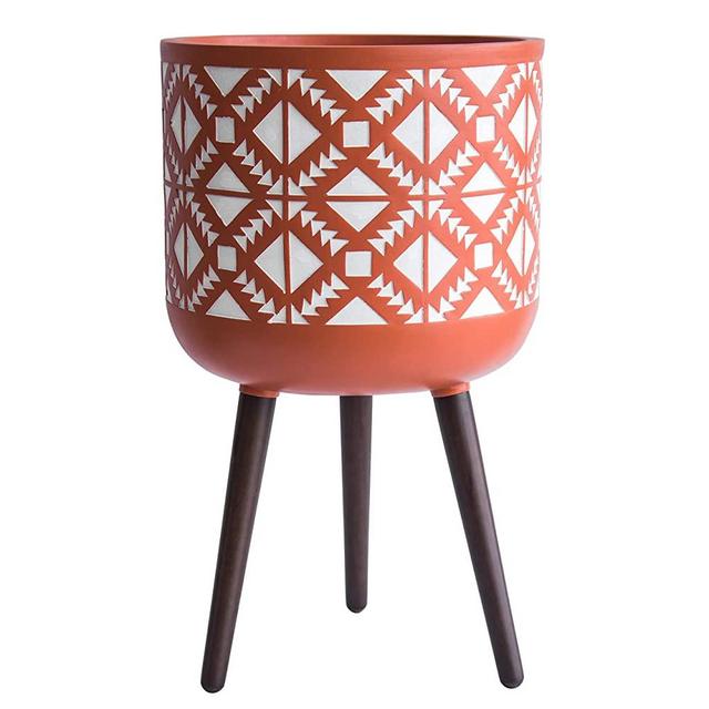 14" X-Large Indoor Tall Planter Pot with Stand, Geometric Planter Pot for Plant, X-Large, Pottery Red Terracotta/White
