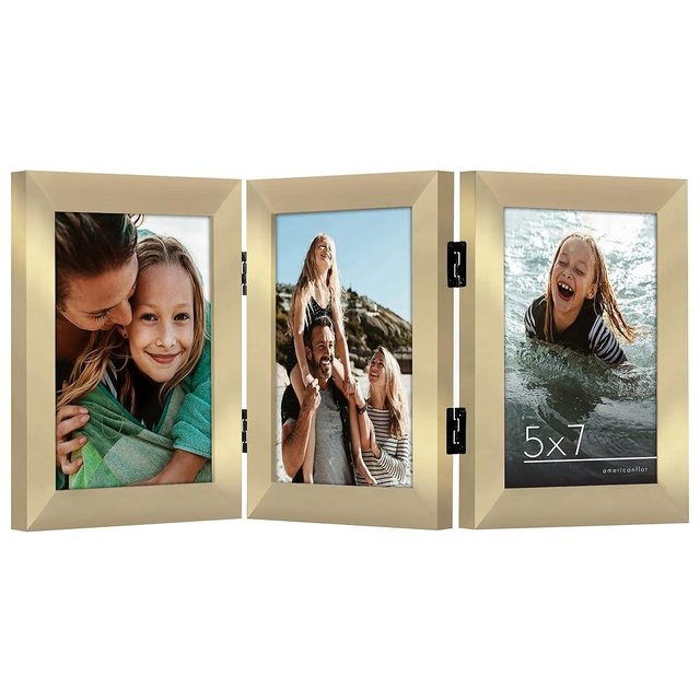 Americanflat Hinged 3 Picture Frame 5x7 with Shatter-Resistant Glass - Signature Collection - Foldable Picture Frame for Tabletop Display - Gold