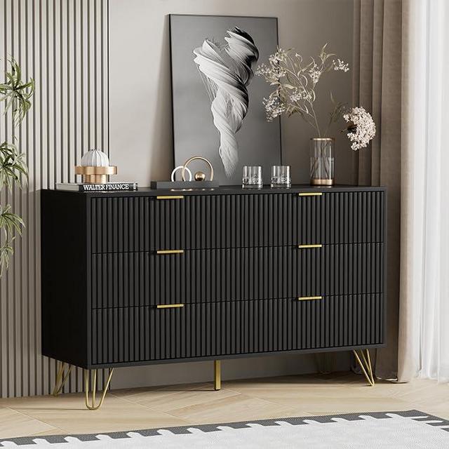 BVFUKA Black Dresser, Modern Dresser for Bedroom, 6 Drawer Dressers with Wide Drawers and Gold Handles, Storage Chest of Drawers for Living Room Hallway Entryway