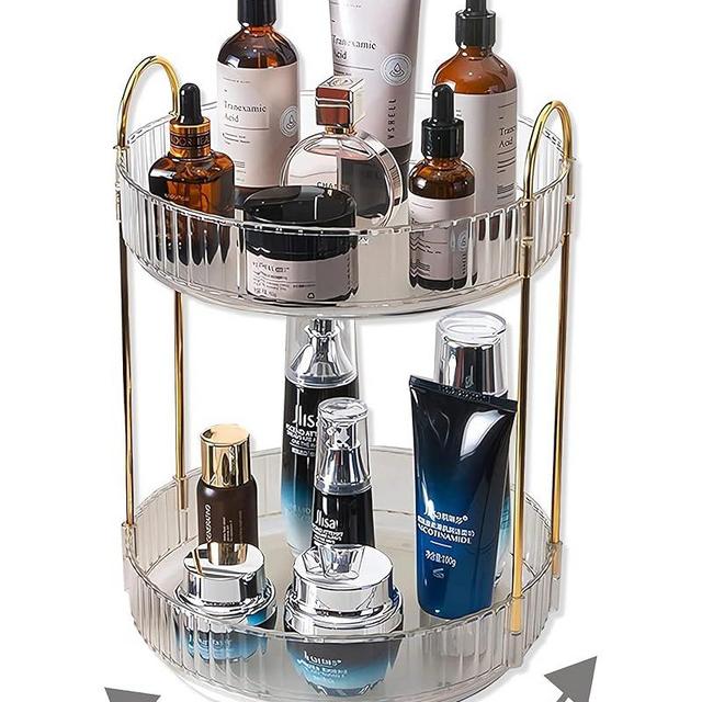 Asayuee 360 Rotating Makeup Organizer,2 Tier Large Capacity Make Up Organizers and Storage,Skincare Perfume Vanity Organizers,Bathroom Cosmetics Storage Organizer Countertop