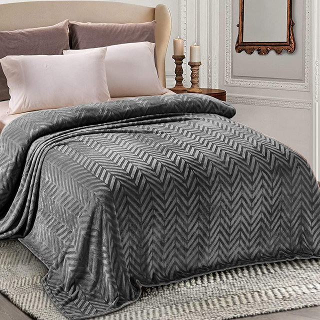 Whale Flotilla Flannel Fleece Queen Size Bed Blanket, Soft Velvet Bedspread Plush Fluffy Coverlet Chevron Design Decorative Blanket Warm for Winter 90x90 Inch, Dark Grey
