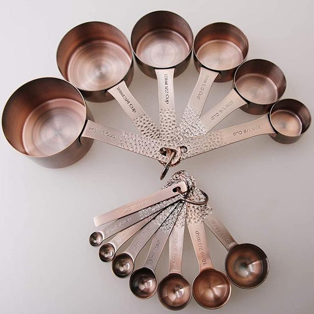 Lucky Plus Set of 16 Copper Plated Stainless Steel Measuring Cups and Spoons Set Heavy Duty 6 Measurer cups and 7 Measurement Spoons and 2 Rings and 1 Leveler