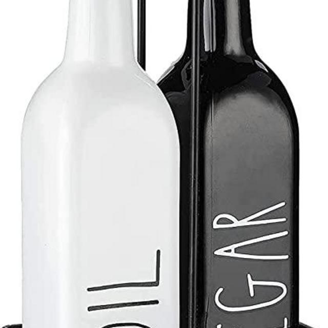 Amazonned Olive Oil and Vinegar Dispenser - Farmhouse Oil and Vinegar Dispenser Set – Chic Olive Oil Dispenser Ceramic – Black and White Olive Oil Dispenser Bottle with Oil Bottle Top – 2 x 500ml