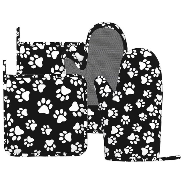 DYCBNESS Dog Paw Oven Mitts Pot Holders Set Silicone Cat Footprint Dog Paw Prints Black White Kitchen Oven Mitts Heat Resistant Potholders Non-Slip 4pcs Hot Pads and Oven Gloves Sets for Baking