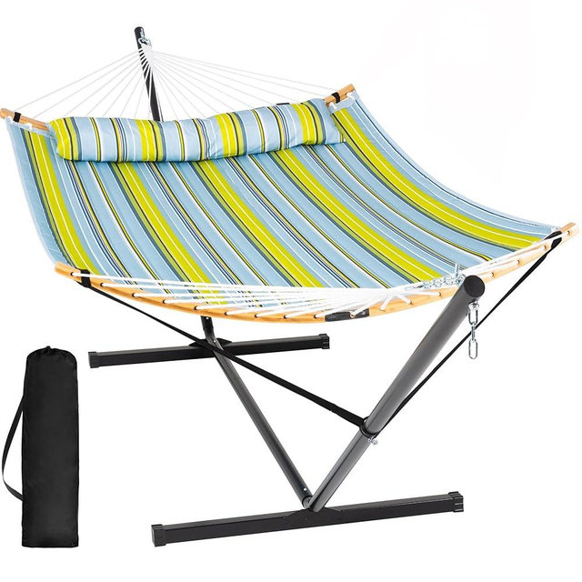 SUNCREAT Portable Outdoor Hammock with Stand Included, Double Hammock with Stand for Outside, Yellow Blue