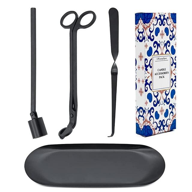 UPLumpySpace Candle Wick Trimmer, Candle Snuffer, 4 in 1 Candle Accessory Set, Wick Trimmer, Candle Wick Dipper, Storage Tray Plate, Candle Wick Cutter, Snuff kit with Gift Package (Black Set)