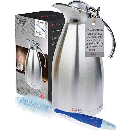 Thermal Coffee Carafe by PYKAL 68Oz/2 liter, HEAVY-DUTY, LAB TESTED 24HR>140F, 2YR Warranty, FREE Long Handle Brush, Vacuum Insulated, Coffee Pot, Satin Finish