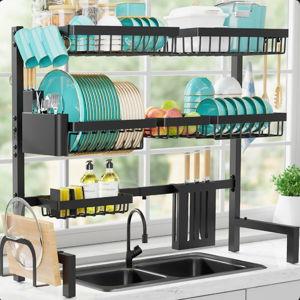 Over-the-Sink Stainless Steel Dish Drying Rack with Utensil Holder, Knife Holder, and Hooks, Black