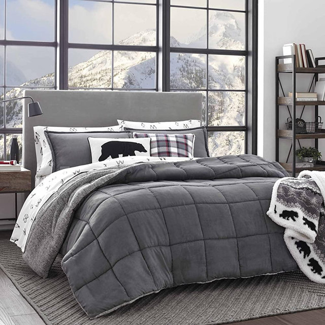 Eddie Bauer | Sherwood Collection | Plush Super Soft Micro-Seude Reversible to Sherpa Comforter with Matching Shams, 3-Piece Bedding Set, Full/Queen, Grey
