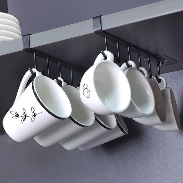 AliCH 2pcs Mug Hooks Under Cabinet Mug Holder Rack,Nail Free Adhesive Coffee Cups Holder Hanger for Cups/Kitchen Utensils/Ties Belts/Scarf/Keys Storage, Fit for 0.8inch Thickness Shelf or Less (BLA)