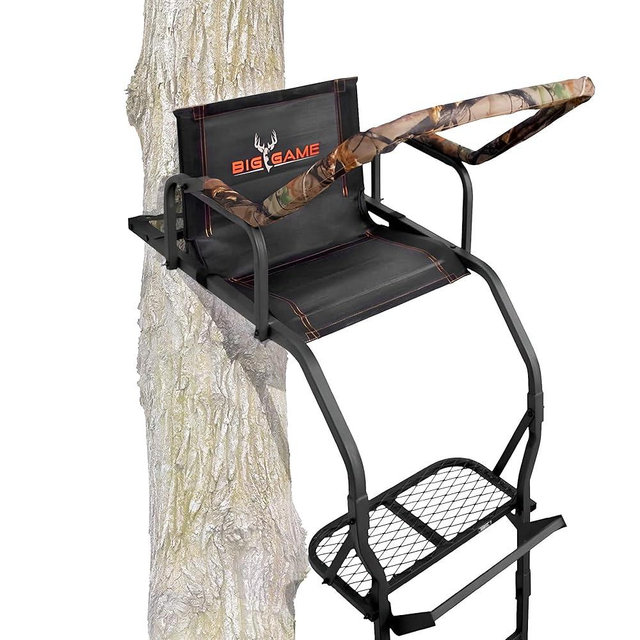 BIG GAME 1-Person Ladder Tree Stand for Hunting Deer, Flex-Tek Seat, Black - Adjustable Climbing Treestand with Platform and Safety Harness for Shooting