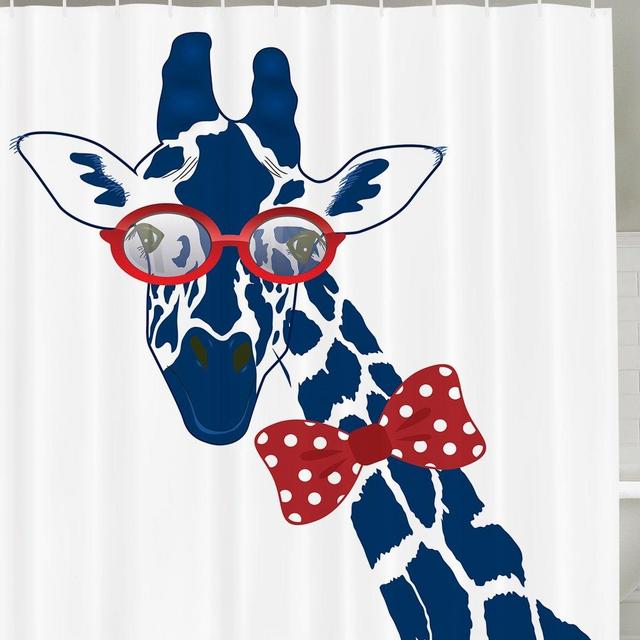 Giraffe Shower Curtain Wildlife Animal Decor by Ambesonne, Fun Whimsical Funny Giraffe Wearing Hipster Sunglasses and Bowtie, Polyester Fabric Bathroom Shower Curtain Set with Hooks, Navy Red White