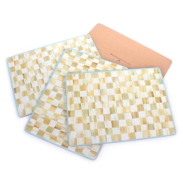 MacKenzie-Childs Parchment Check Placemats, Hard-Finish, Washable Table Mats, Set of 4