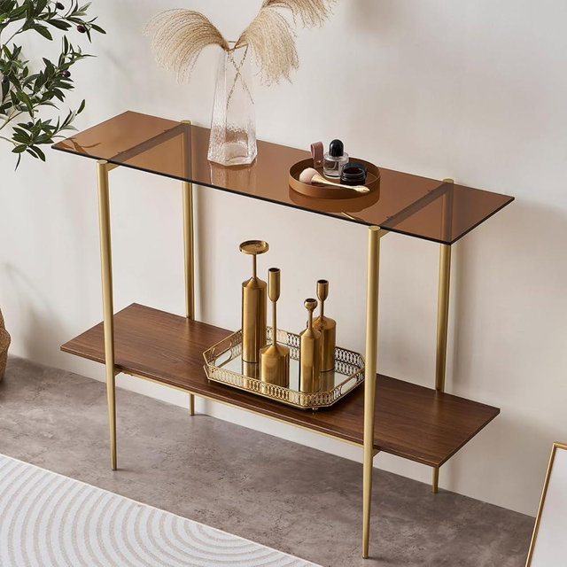 LumFurn Glass Console Table for Living Room, Foyer & Entrance, 2-Tiers Mid-Century Modern Sofa Table with Amber Glass Top, Walnut Finish Wood Shelf and Gold Finish Frame