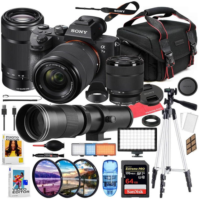 Sony a7 III Mirrorless Camera with 28-70mm & 55-210mm Lens + Accessory Package with 420-800mm, LED Light, Filters, 64GB Extreme SD, Case, & Editing Software Package (Renewed)