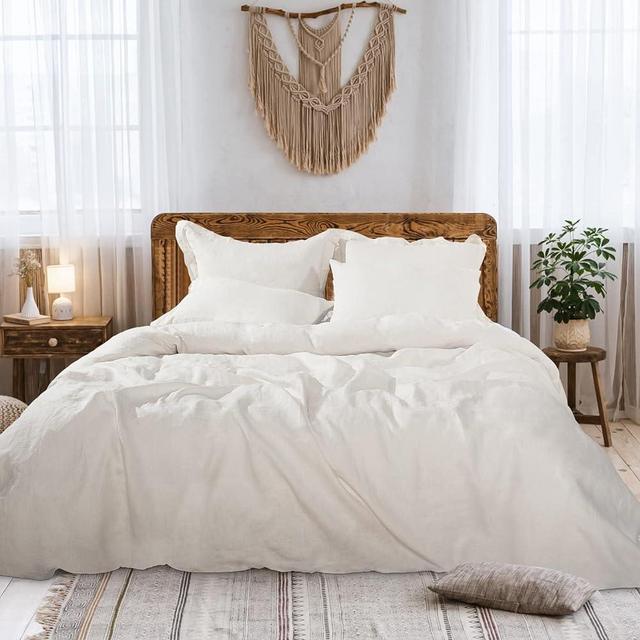 NEXHOME PRO 100% Linen Tencel Cooling Duvet Cover Set,King Size 5 PCS Eucalyptus Soft Breathable Comforter Cover Reversible Neutral Duvet Covers Button Closure,104"x90" Off White (NO Insert)