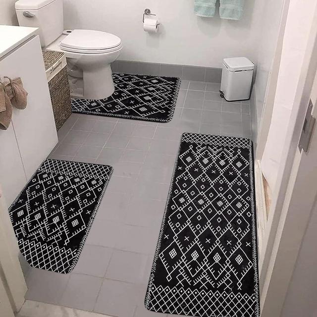 Uphome Bathroom Rugs Sets 3 Piece Boho Geometric Bathroom Runner with U-Shaped Toilet Rug Non-Slip Moroccan Farmhouse Black Bath Mat Soft Velvet Machine Washable Bath Rugs for Sink Tub Shower