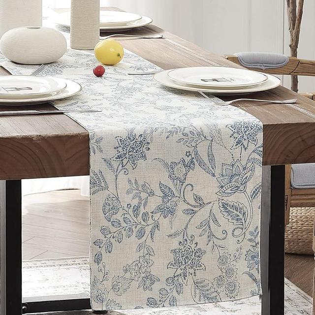 jinchan Kitchen Table Runner Table Cloth Linen Table Runners 72 Inch Floral Decorative Burlap Table Runner Botanic Printed Design Rustic Handcrafted Flax Coffee Table Decor 1 Panel Blue on Beige