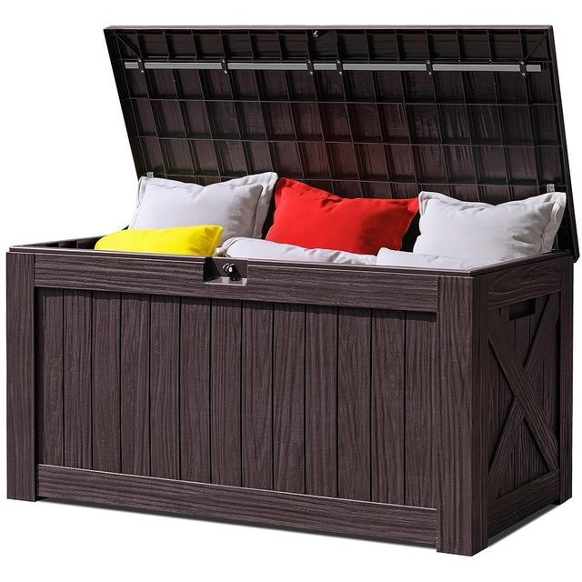 Greesum 120 Gallon Resin Deck Box Large Outdoor Storage for Patio Pillow, Garden Tools, Pool Supplies, Weatherproof, Lockable, Brown