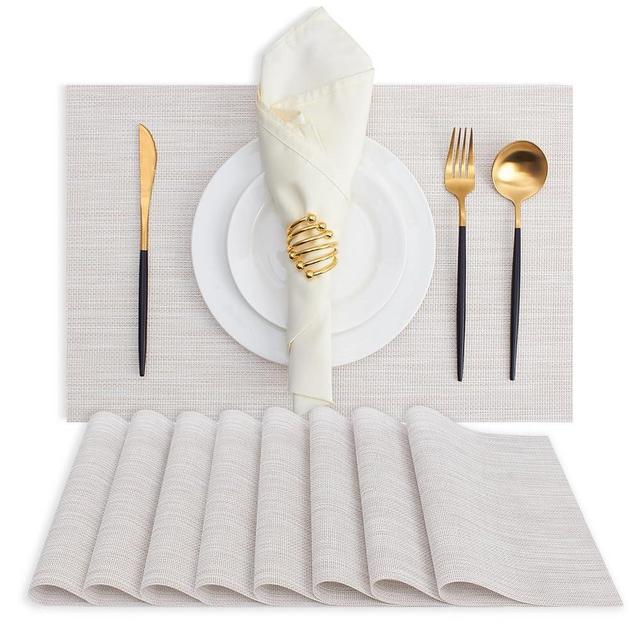 MOSAYT Plastic/Vinyl Placemats Set of 8 - Woven Heat Resistant Place Mats, Washable Non-Slip Table Mats for Kitchen/Dining/Party/Outdoor(12 x 18 inch, Beige)