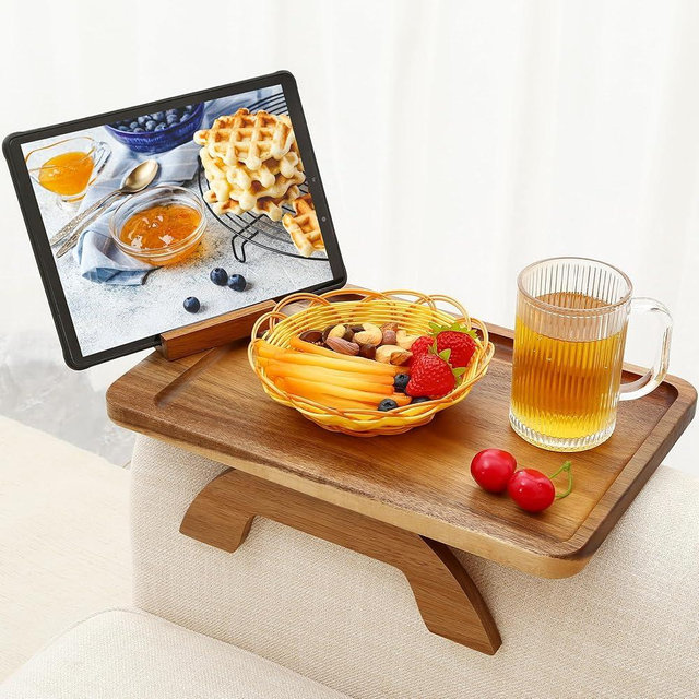 SINWANT Couch Arm Table Tray, Acacia Wood Sofa Arm Rest Table Couch Side Tables with 360° Phone Holder,Portable Armrest Tray for Drink Snack