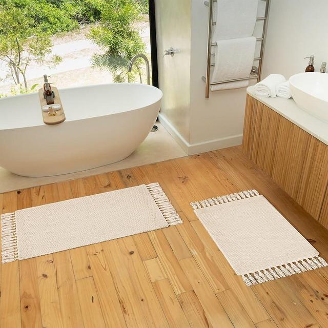 KIBAGA Set of 2 Soft Boho Bathroom Rugs with Tassels - Beautiful Boho Cotton Rugs That Fit Perfectly Into Your Bath or Kitchen - Washable, Non-Slip Mats Ideal to Enhance Your Modern Home Decor