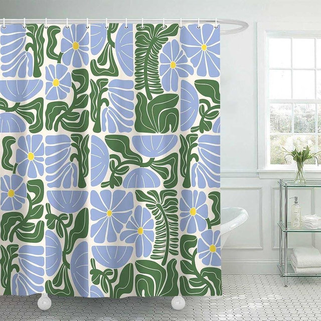 DeeCabin Boho Abstract Colorful Floral Shower Curtain, Vintage Retro Patchwork Blue Green Flower Botanical Geometric Aesthetic Groovy Bathroom Decor Shower Curtain Set with 12 Hooks, 70X70IN