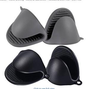 2 Pairs Mini Oven Gloves Silicone Heat Resistant Cooking Pinch Mitts Potholder for Kitchen Cooking & Baking (Black and Grey)