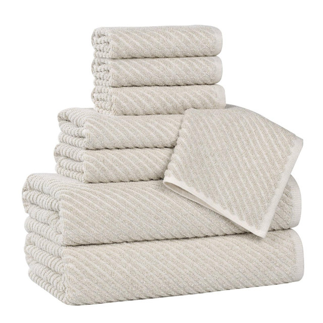 Viscose Cotton Blend Medium Weight Soft Textured Diagonal Ribbed 8 Piece Towel Set, Beige - Blue Nile Mills